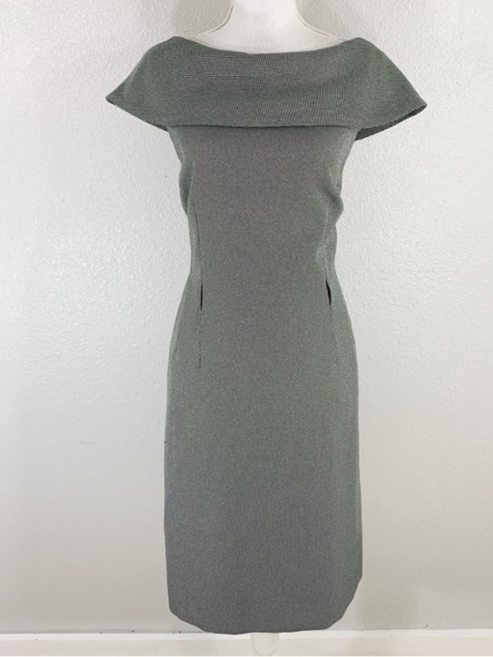 New Tahari black white dot knit foldover collar sheath dress 14P 14 petite